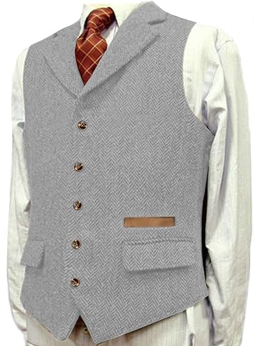 Yiaisafa Jaged Herren Herringbone Tweed Weste Wollen Notch Retro Gilet Westen Vintage Hochzeit Bräutigam Lässig S-3XL(Silber,XL) von Yiaisafa