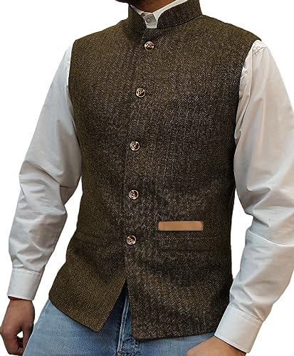 Yiaisafa Jaged Herren Stand-Up Kragen Tweed Westen Retro Herringbone Weste Vintage Hochzeit Gilet Wollen Bräutigam S-3XL(Braun,XL) von Yiaisafa