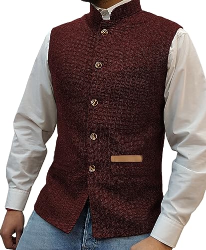 Yiaisafa Jaged Herren Stand-Up Kragen Tweed Westen Retro Herringbone Weste Vintage Hochzeit Gilet Wollen Bräutigam S-3XL(Burgund,M) von Yiaisafa