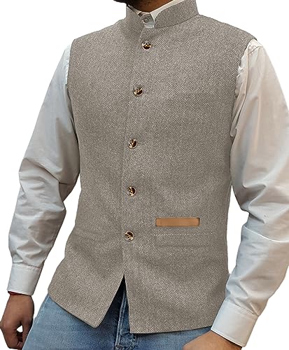 Yiaisafa Jaged Herren Stand-Up Kragen Tweed Westen Retro Herringbone Weste Vintage Hochzeit Gilet Wollen Bräutigam S-3XL(Champagner,S) von Yiaisafa