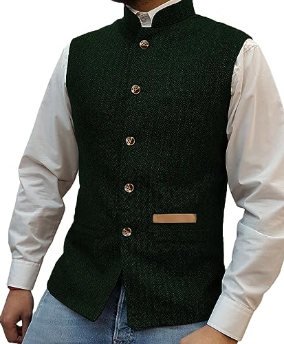 Yiaisafa Jaged Herren Stand-Up Kragen Tweed Westen Retro Herringbone Weste Vintage Hochzeit Gilet Wollen Bräutigam S-3XL(Dunkelgrün,M) von Yiaisafa