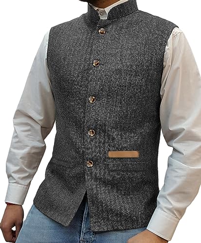 Yiaisafa Jaged Herren Stand-Up Kragen Tweed Westen Retro Herringbone Weste Vintage Hochzeit Gilet Wollen Bräutigam S-3XL(Grau,L) von Yiaisafa