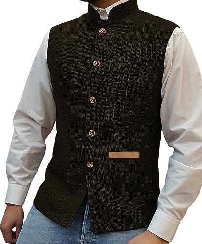 Yiaisafa Jagd Herren Stand-Up Kragen Mock Tweed Westen Retro Herringbone Weste Vintage Hochzeit Gilet Wollen Bräutigam(Kaffee,M) von Yiaisafa