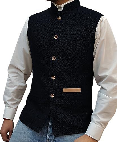 Yiaisafa Jaged Herren Stand-Up Kragen Tweed Westen Retro Herringbone Weste Vintage Hochzeit Gilet Wollen Bräutigam S-3XL(Marine,M) von Yiaisafa