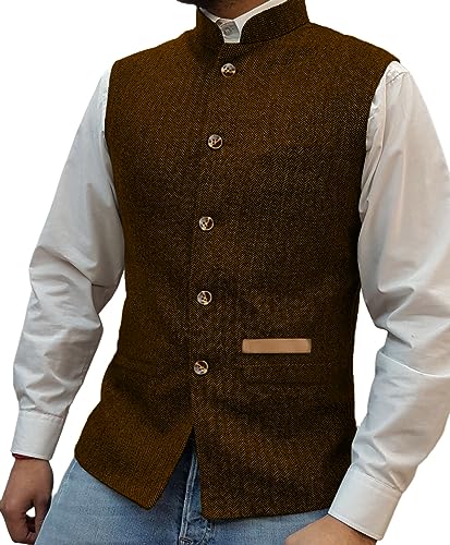 Yiaisafa Jagd Herren Stand-Up Kragen Mock Tweed Westen Retro Herringbone Weste Vintage Hochzeit Gilet Wollen Bräutigam(Orange,L) von Yiaisafa