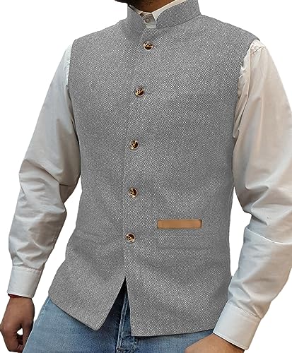 Yiaisafa Jaged Herren Stand-Up Kragen Tweed Westen Retro Herringbone Weste Vintage Hochzeit Gilet Wollen Bräutigam S-3XL(Silber,L) von Yiaisafa