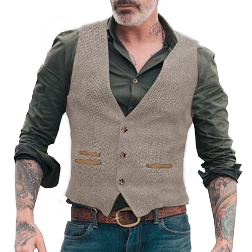 Yiaisafa Jaged Herren Tweed Weste Cowboy Retro Herringbone Westen Vintage Wollen Hochzeit Gilet Bräutigam Lässig S-3XL(Champagner,L) von Yiaisafa