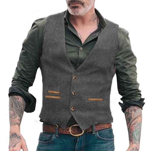 Yiaisafa Jaged Herren Tweed Weste Cowboy Retro Herringbone Westen Vintage Wollen Hochzeit Gilet Bräutigam Lässig S-3XL(Grau,XL) von Yiaisafa