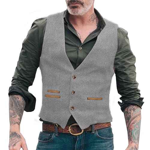 Yiaisafa Jaged Herren Tweed Weste Cowboy Retro Herringbone Westen Vintage Wollen Hochzeit Gilet Bräutigam Lässig S-3XL(Silber,L) von Yiaisafa