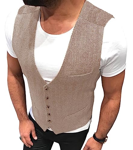 Yiaisafa Jaged Herren Weste Anzug Herringbone Weste Tweed Vintage Retro Wollen Bräutigam Hochzeit S-3XL(Champagner,XL) von Yiaisafa