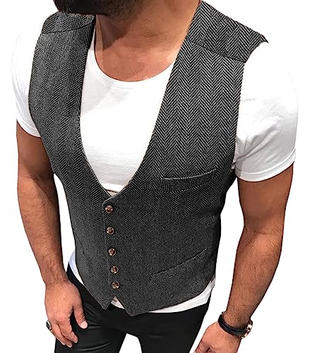 Yiaisafa Jaged Herren Weste Anzug Herringbone Weste Tweed Vintage Retro Wollen Bräutigam Hochzeit S-3XL(Grau,XL) von Yiaisafa