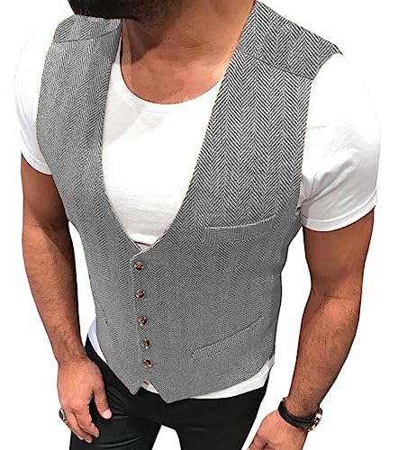 Yiaisafa Jaged Herren Weste Anzug Herringbone Weste Tweed Vintage Retro Wollen Bräutigam Hochzeit S-3XL(Silber,L) von Yiaisafa