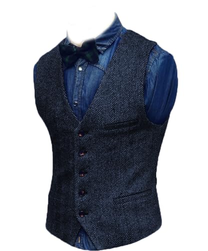 Yiaisafa Jaged Herren Weste Tweed Anzug Weste Herringbone Retro Vintage Wollen Hochzeit Business Bräutigam S-3XL(Blau Marine,XL) von Yiaisafa