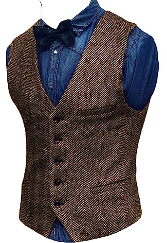 Yiaisafa Jaged Herren Weste Tweed Anzug Weste Herringbone Retro Vintage Wollen Hochzeit Business Bräutigam S-3XL(Braun,L) von Yiaisafa