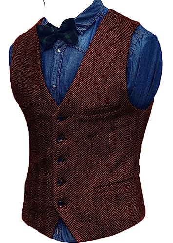 Yiaisafa Jaged Herren Weste Tweed Anzug Weste Herringbone Retro Vintage Wollen Hochzeit Business Bräutigam S-3XL(Burgund,L) von Yiaisafa