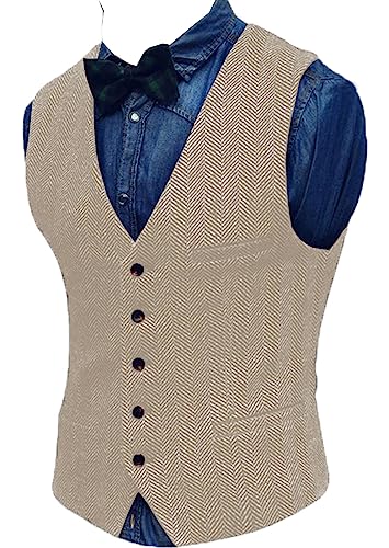 Yiaisafa Jaged Herren Weste Tweed Anzug Weste Herringbone Retro Vintage Wollen Hochzeit Business Bräutigam S-3XL(Champagner,M) von Yiaisafa