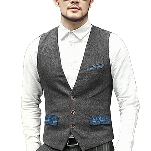 Yiaisafa Jaged Hipster Herren Tweed Westen Retro Herringbone Weste Vintage Hochzeit Gilet Wollen Lässig Bräutigam S-3XL(Grau,XL) von Yiaisafa