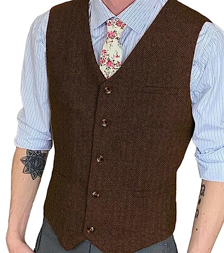 Yiaisafa Lässig Jaged Herren Anzug Weste Herringbone Tweed Weste Vintage Retro Wollen Hochzeit Bräutigam S-3XL(Braun,XL) von Yiaisafa