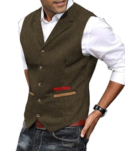 Yiaisafa Weste Herren Schwarz Herringbone Tweed Gilet Jaged Wollen Notch Retro Westen Vintage Hochzeit Bräutigam Lässig(Braun,XXXL) von Yiaisafa