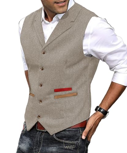 Yiaisafa Weste Herren Schwarz Herringbone Tweed Gilet Jaged Wollen Notch Retro Westen Vintage Hochzeit Bräutigam Lässig(Champagner,XXL) von Yiaisafa