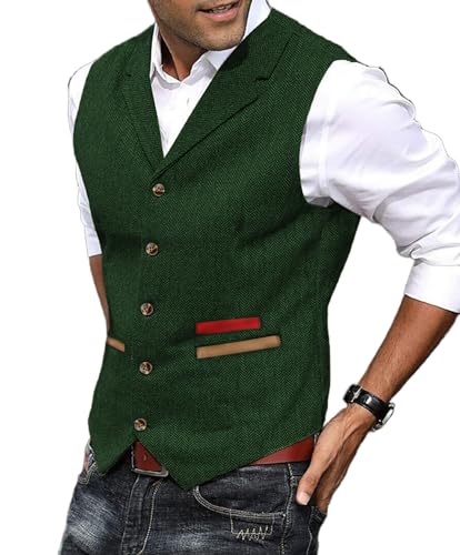 Yiaisafa Weste Herren Schwarz Herringbone Tweed Gilet Jaged Wollen Notch Retro Westen Vintage Hochzeit Bräutigam Lässig(Grün,XXL) von Yiaisafa