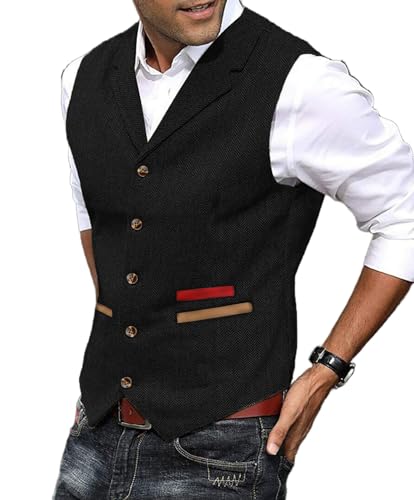 Yiaisafa Herren Anzug Weste Jagd Herringbone Tweed Westen Gilet Wollen Notch Retro Vintage Hochzeit Bräutigam Lässig(Schwarz,L) von Yiaisafa