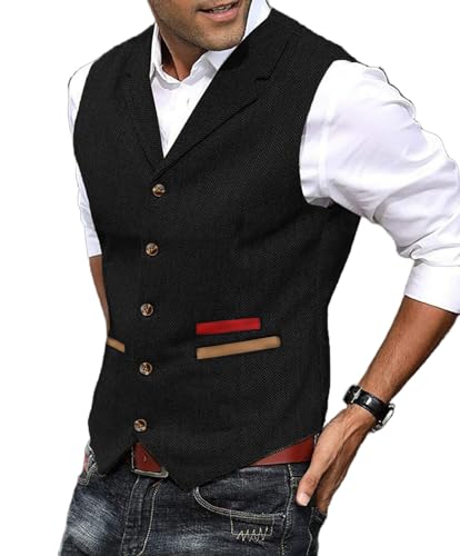 Yiaisafa Weste Herren Schwarz Herringbone Tweed Gilet Jaged Wollen Notch Retro Westen Vintage Hochzeit Bräutigam Lässig(Schwarz,S) von Yiaisafa