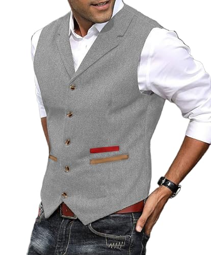 Yiaisafa Herren Anzug Weste Jagd Herringbone Tweed Westen Gilet Wollen Notch Retro Vintage Hochzeit Bräutigam Lässig(Silber,XXL) von Yiaisafa