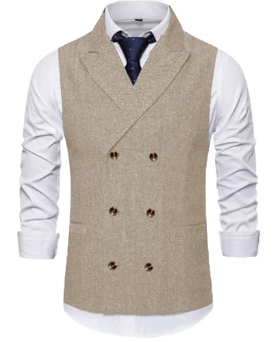 Yiaisafa Zweireihig Anzugwesten Für Herren Tweed Weste Fischgrätmuster Vintage Wollen Herringbone Retro Hochzeit Jagd(Champagner,L) von Yiaisafa