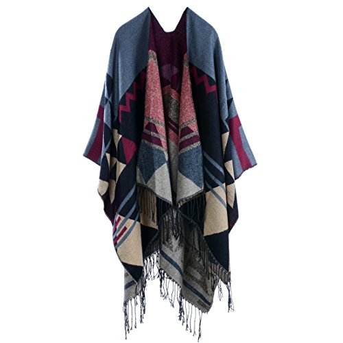 YianBestja Damen Herbst/Winter Poncho mit Quaste, 130 * 150CM Poncho-Schal Überwurf Cape Umhang Wendeponcho für Frau (36-2) von YianBestja