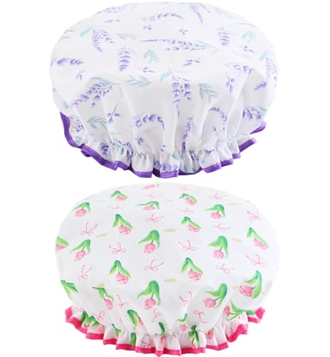 Badekappen, elastisches Band, wasserdicht, Duschhauben mit gerüschtem Rand, die Ohren bedecken, hält das Haar trocken, Küche, öldichte Kappe für Mädchen und Frauen (Blumenmuster) von Yiapinn