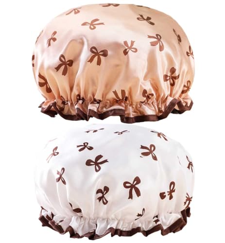 Badekappen, elastisches Band, wasserdicht, Duschhauben mit gerüschtem Rand, die Ohren bedecken, hält das Haar trocken, Küche, öldichte Kappe für Mädchen und Frauen (Schleife) von Yiapinn