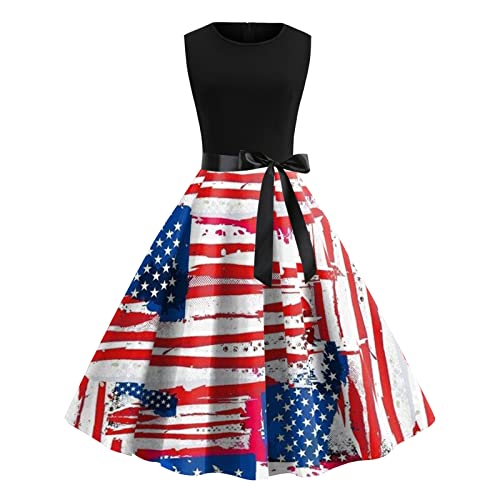 Damen Kleid A Linie Damen Sommer-Rundhalsausschnitt, ärmellos, Amerika-Flagge-Druck, Vintage-Rockabilly-Swing-Kleid, Cocktail-Abschlussball-Partykleid Kleid Mit Tellerrock Damen von Yiartion