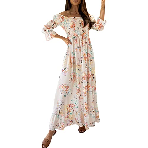 Yiartion Damen Boho Maxi Kleid Elegantes Dreiviertelärmel Sommerkleid Schulterkleid Lange Blumenkleid Loose Atmungsaktiv Strandkleider Ausschnitt Maxikleid schlanke Taille Midikleid von Yiartion