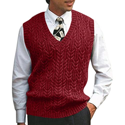 Yiartion Gestrickt Weste Männer Ärmellose Vest Feinstrick Einfarbig Zopfpullover Slim Fit V-Ausschnitt Pullunder Herbst Winter Ärmellose Business West Classic Tanktop Freizeit Strickweste von Yiartion