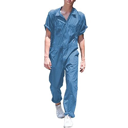 Yiartion Jumpsuit Herren Sommer Kurzarmhemd Shorts Overall Hausanzug Leinenoptik Einfarbig One-Piece Kleiderknopf Schlafanzug Einreihig Freizeitanzug Lose Atmungsaktiv Onesie Sport Anzug von Yiartion