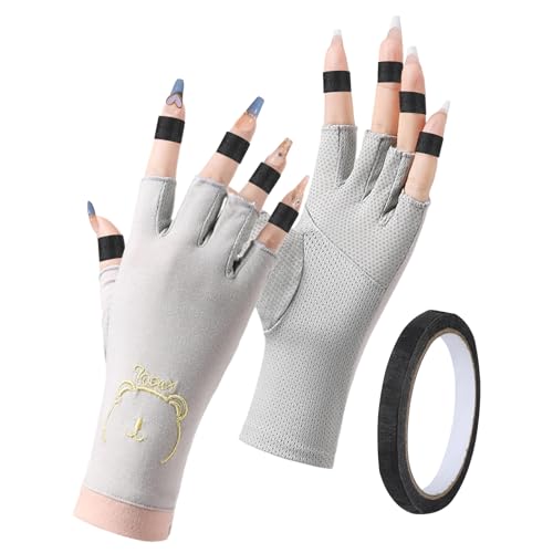 Yicenmy 1 Paar UV Handschuhe Nägel, Dünn Baumwolle Anti UV Schutzhandschuhe mit Kreppband, Fingerlose Handschuhe Damen zum Schutz Der Haut Bei Der Gelmaniküre mit Nagellampe (Grau) von Yicenmy