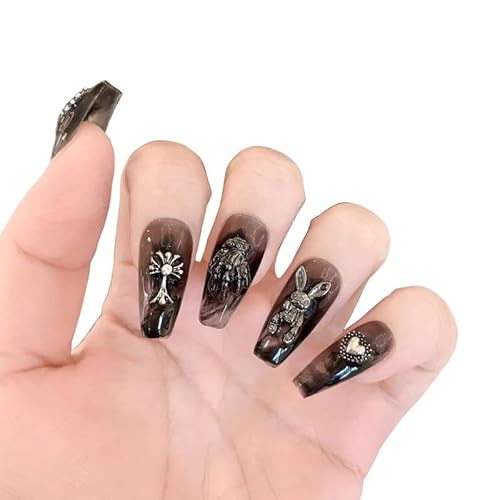 Yidai-Silu 10 Pcs 3D Handgefertigte Nagelflicken für künstliche Nägel, Press on Nails mit Kleber, Abnehmbare Mittel Lang Fingernägel Full Cover Kunstnägel, Akrylnägel Goth Schwarz für Frauen - S21 Yidai-Silu 10 Pcs 3D Handgefertigte Nagelflicken für künstliche Nägel, Press on Nails mit Kleber, Abnehmbare Mittel Lang Fingernägel Full Cover Kunstnägel, Akrylnägel Goth Schwarz für Frauen - S21 von Yidai-Silu
