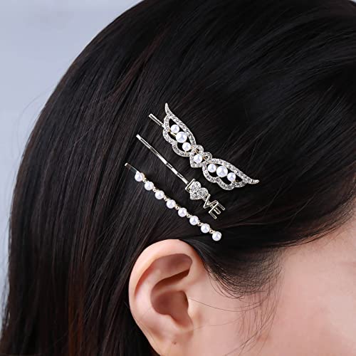 Yienate 3Pc Perle Strass Haarspangen Barrettes Französisch Braut Perle Bar Seite Haarspangen Nicht Rutschen Haarnadel Funkelnd Herz Liebe Flügel Kristall Bobby Pins Haar Halter Zubehör Für Frauen von Yienate