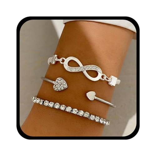 Yienate 3pcs Boho Kristall Armreif Armbänder Set Aussage Unendlichkeit Freundschaft Armreifen Silber Punk Geschichtet Stapeln Herz Strass Armbänder Ethnische Outfit Armbänder Schmuck Für Frauen von Yienate