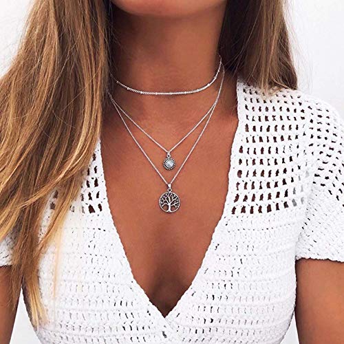 Yienate Böhmische Silberschicht Baum des Lebens Strass Halskette Kette Choker zierliche Scheibe Edelstein Anhänger Charm Halskette Schmuck für Frauen und Mädchen von Yienate
