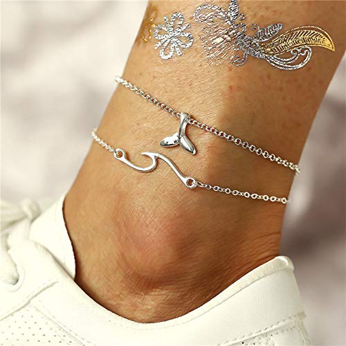 Yienate Böhmische Wellen Wal Schwanz Anhänger Fußkettchen Armband mehrlagige Fußkette Strand Layered Fußkettchen Fußschmuck für Frauen und Mädchen (Silber) von Yienate