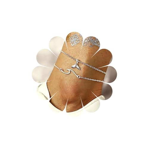 Yienate Böhmische Wellen Wal Schwanz Anhänger Fußkettchen Armband mehrlagige Fußkette Strand Layered Fußkettchen Fußschmuck für Frauen und Mädchen (Silber) von Yienate