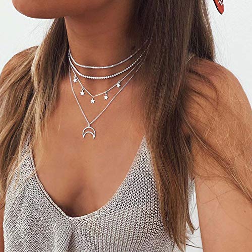 Yienate Böhmische mehrlagige Halskette, zierliche Silber, hohler Mond- und Stern-Anhänger, klobige Gliederkette, Choker, Boho-Charm, Strand-Halskette, Schmuck für Frauen und Mädchen von Yienate