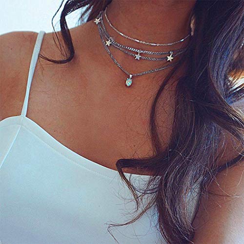 Yienate Bohemia Mehrschichtige Halskette mit Stern-Opal-Anhänger, Boho-Halsketten, Silberkette, Schmuck für Damen und Mädchen, 1 Count (Pack of 1), Metall Silber, Opal von Yienate