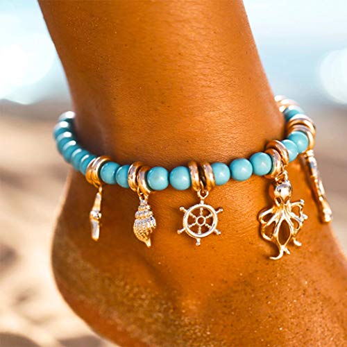 Yienate Boho Fußkettchen Conch Ruder Octopus Anhänger Fußkettchen Strand Seestern Anhänger Sommer Barfuß Strand Fußkettchen Fußschmuck für Frauen und Mädchen von Yienate