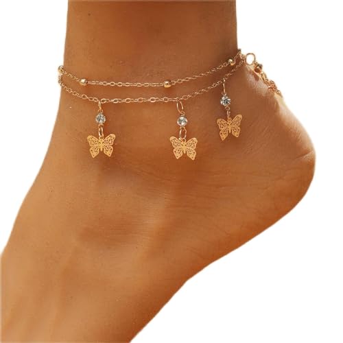 Yienate Boho Geschichtet Kristall Schmetterling Fußkettchen Armband Gold Schmetterling Anhänger Fußkette Perlen Satellit Fußkette Hawaiianischen Strand Hohlen Schmetterling Fußschmuck Für Frauen von Yienate