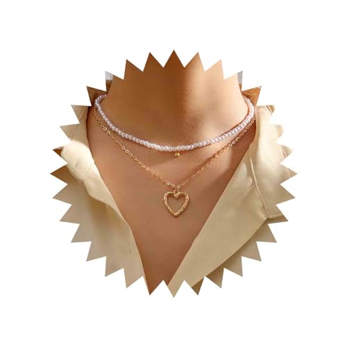 Yienate Boho Geschichtet Perle Choker Halskette Kette Vintage Gold Herz Anhänger Halsketten Hochzeit Brautjungfern Gestapelt Perle Choker Barock Perlen Stränge Schlüsselbein Kette Schmuck Für Frauen von Yienate
