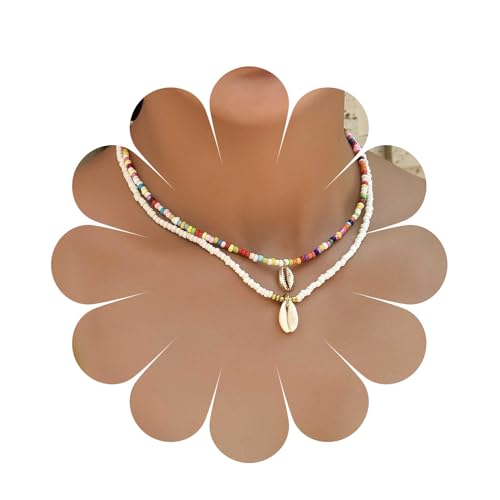 Yienate Boho Geschichtet Regenbogen Perlen Halskette Vintage Muschel Surfer Puka Shell Anhänger Choker Strand Hawaii Modeschmuck Für Frauen von Yienate