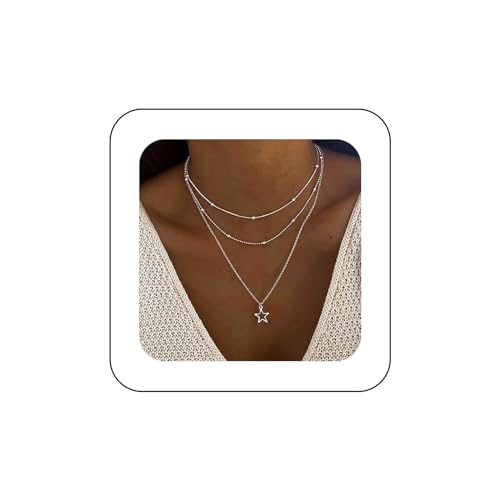 Yienate Boho Geschichtete Stern Halskette Halsband Kette Silber Stern Anhänger Halskette Perlen Satelliten Kette Choker Vintage Hohle Stern Halskette Statement Ketten Schmuck für Frauen Mädchen von Yienate